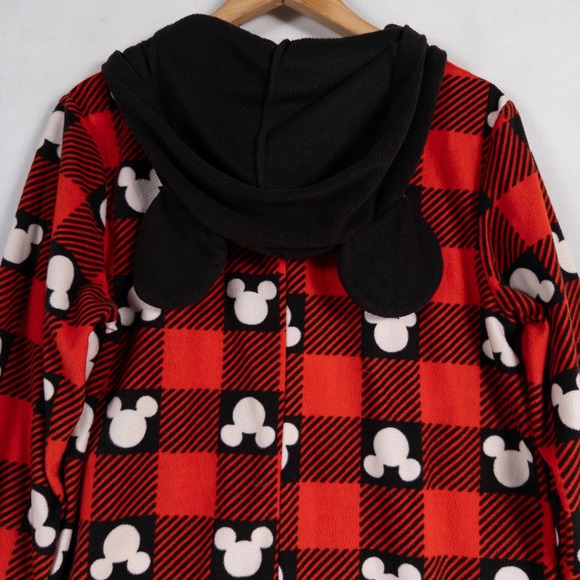 Disney 100 Mickey Mouse Buffalo Plaid Fleece Hooded Union Suit Pajamas Sz Medium - Picture 4 of 9